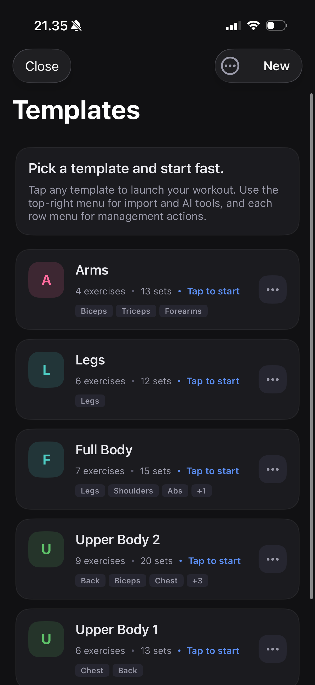 Repster templates screen on iPhone